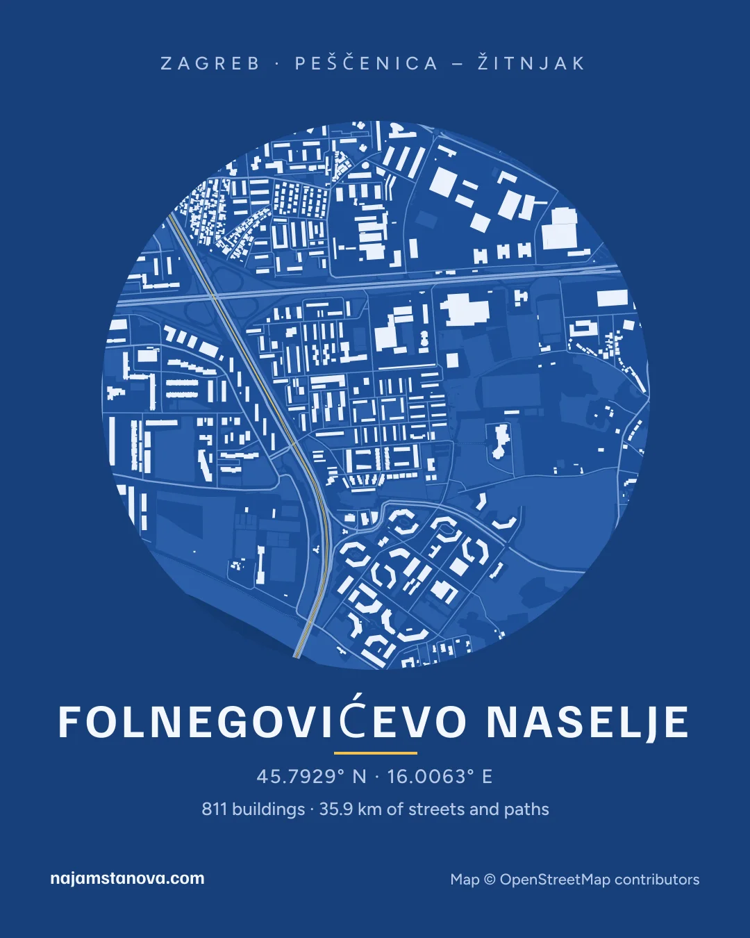 Map of Folnegovićevo naselje in the “Blueprint” style: buildings, streets, parks and water within 900 m