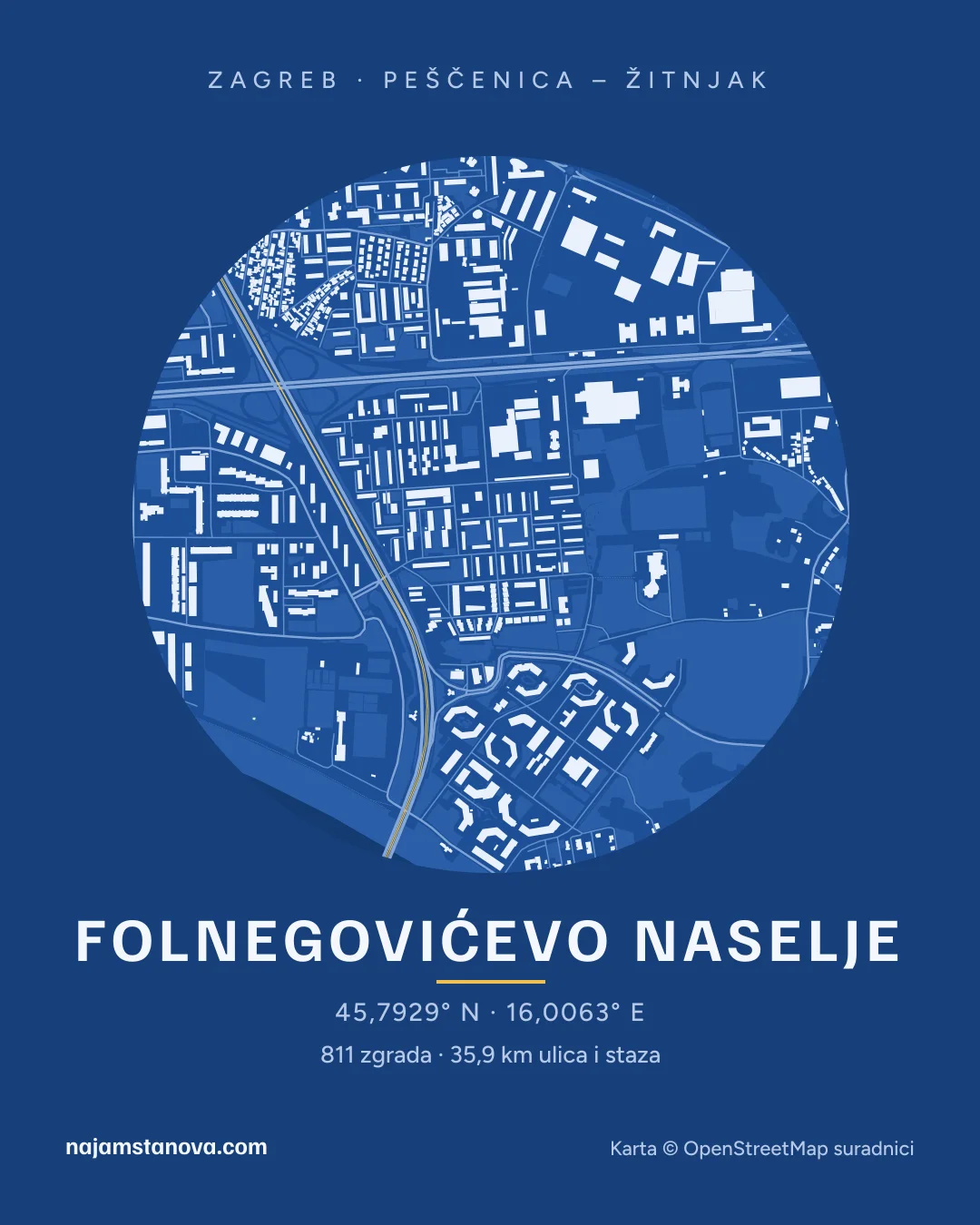 Karta kvarta Folnegovićevo naselje u stilu „Nacrt”: zgrade, ulice, parkovi i vode u krugu od 900 m