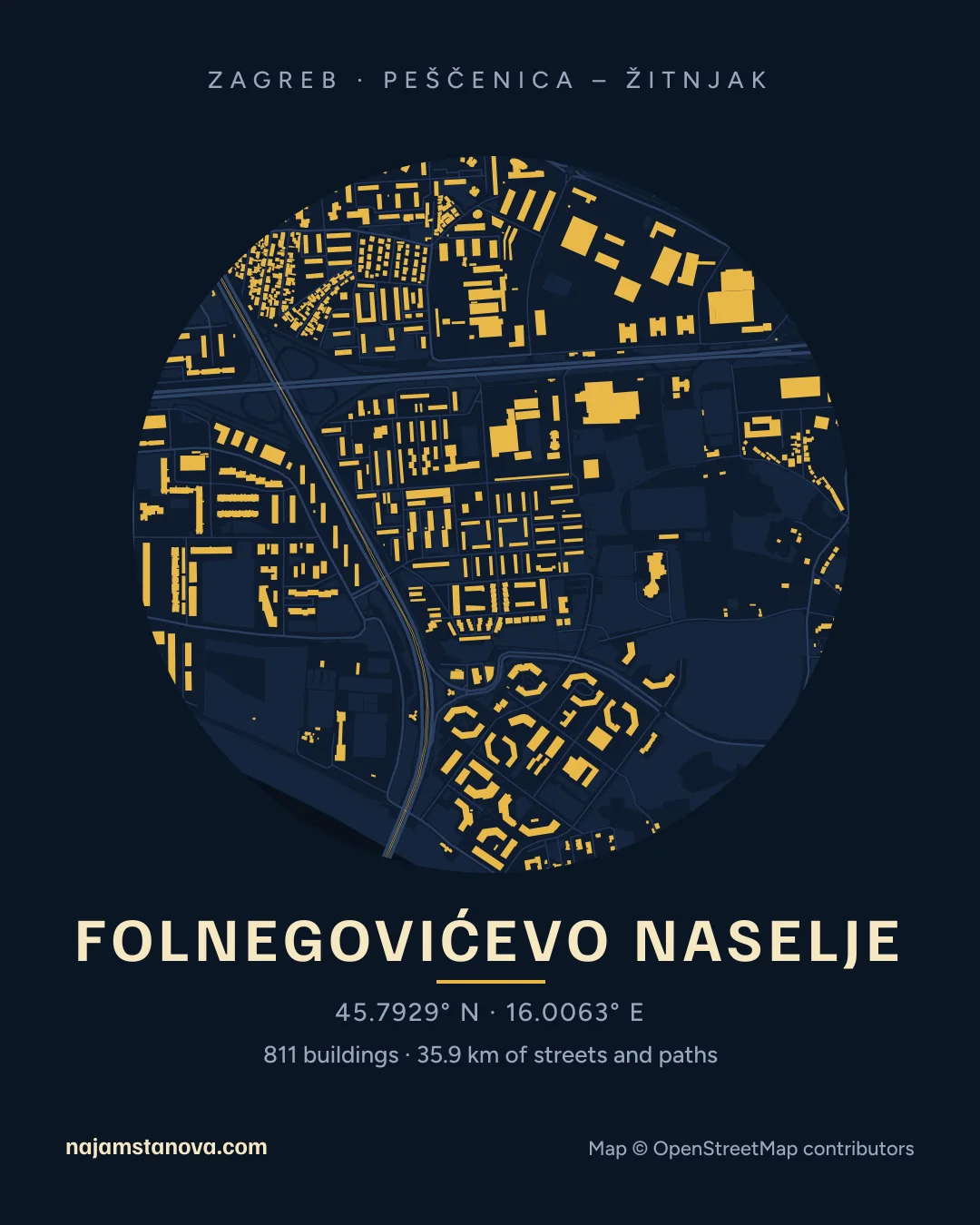 Map of Folnegovićevo naselje in the “Night” style: buildings, streets, parks and water within 900 m