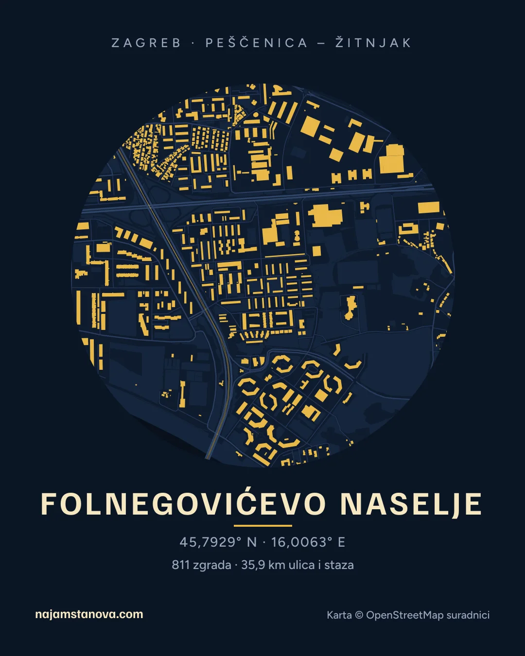 Karta kvarta Folnegovićevo naselje u stilu „Noć”: zgrade, ulice, parkovi i vode u krugu od 900 m