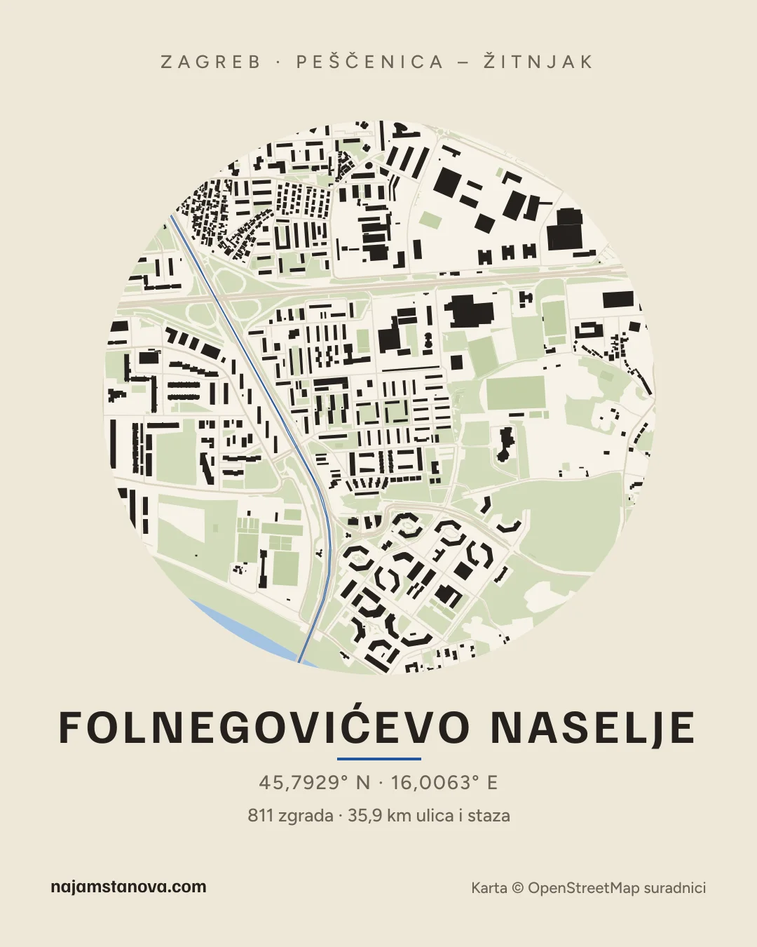 Karta kvarta Folnegovićevo naselje u stilu „Papir”: zgrade, ulice, parkovi i vode u krugu od 900 m