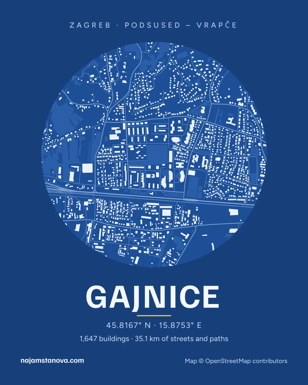 Map of Gajnice in the “Blueprint” style: buildings, streets, parks and water within 900 m