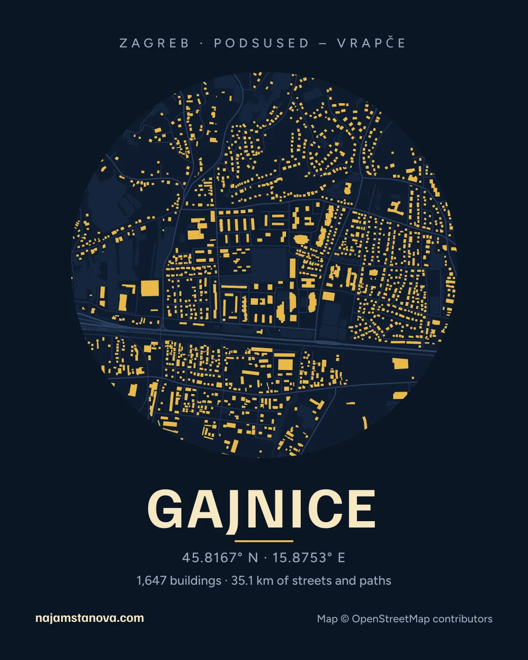 Map of Gajnice in the “Night” style: buildings, streets, parks and water within 900 m