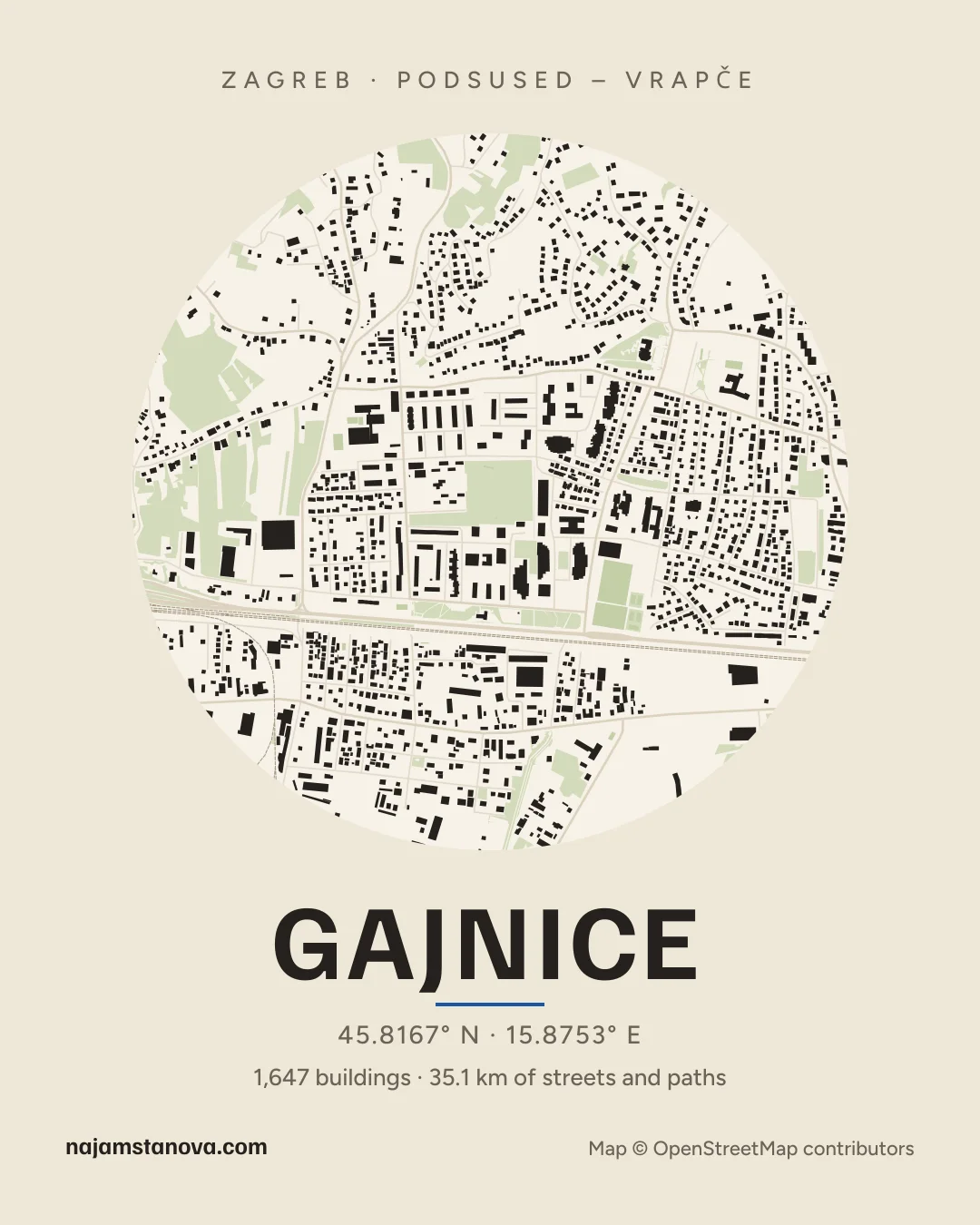 Map of Gajnice in the “Paper” style: buildings, streets, parks and water within 900 m