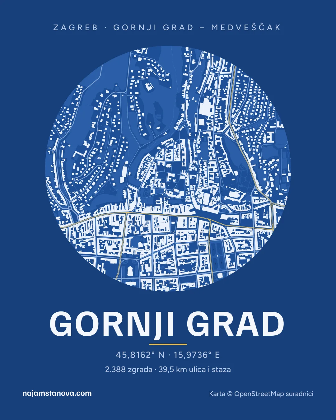 Karta kvarta Gornji grad u stilu „Nacrt”: zgrade, ulice, parkovi i vode u krugu od 900 m