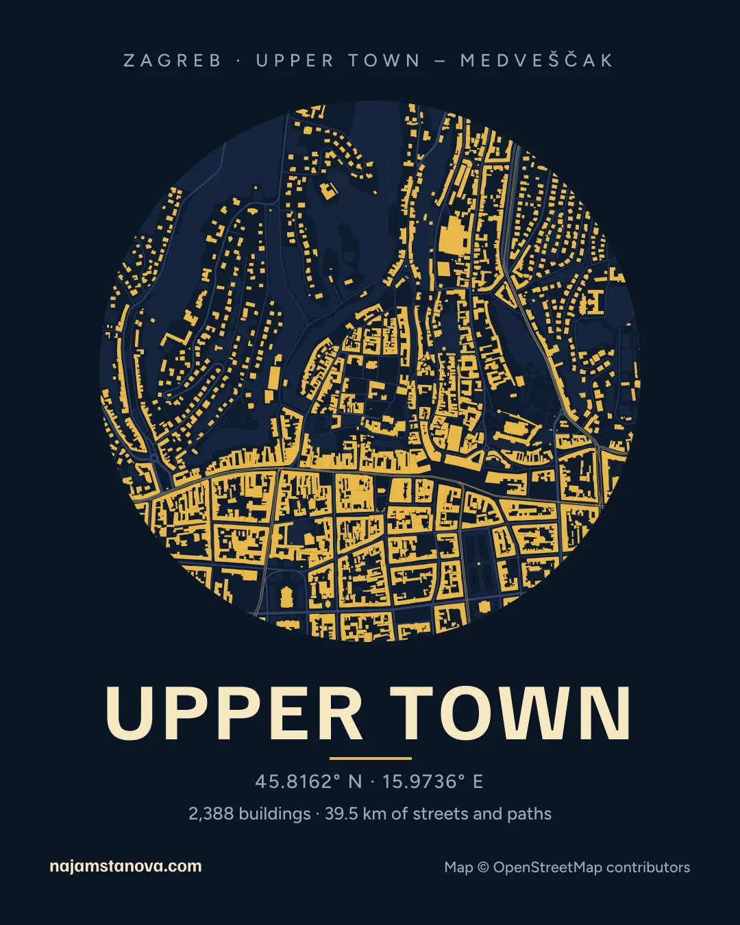 Map of Upper Town in the “Night” style: buildings, streets, parks and water within 900 m