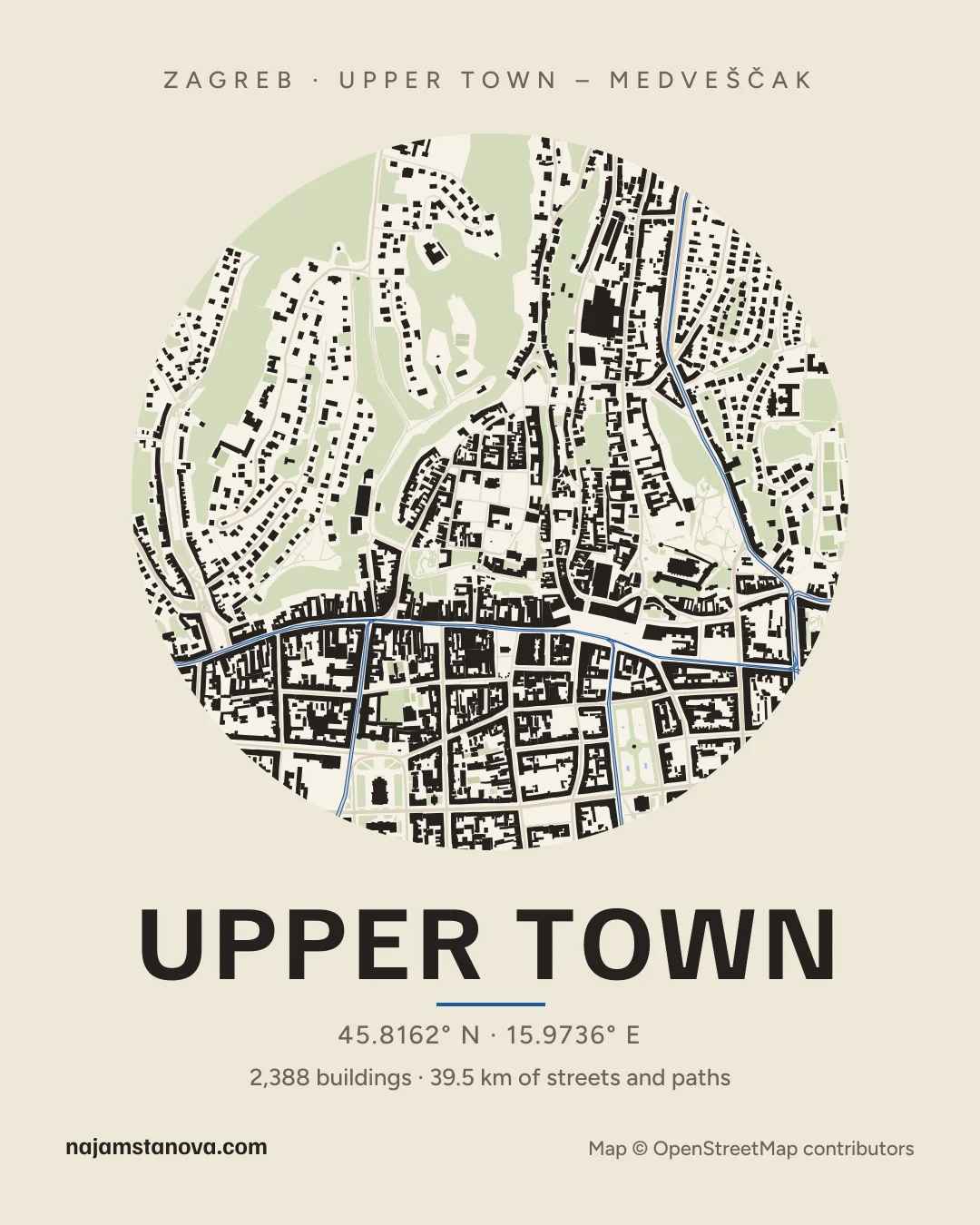 Map of Upper Town in the “Paper” style: buildings, streets, parks and water within 900 m