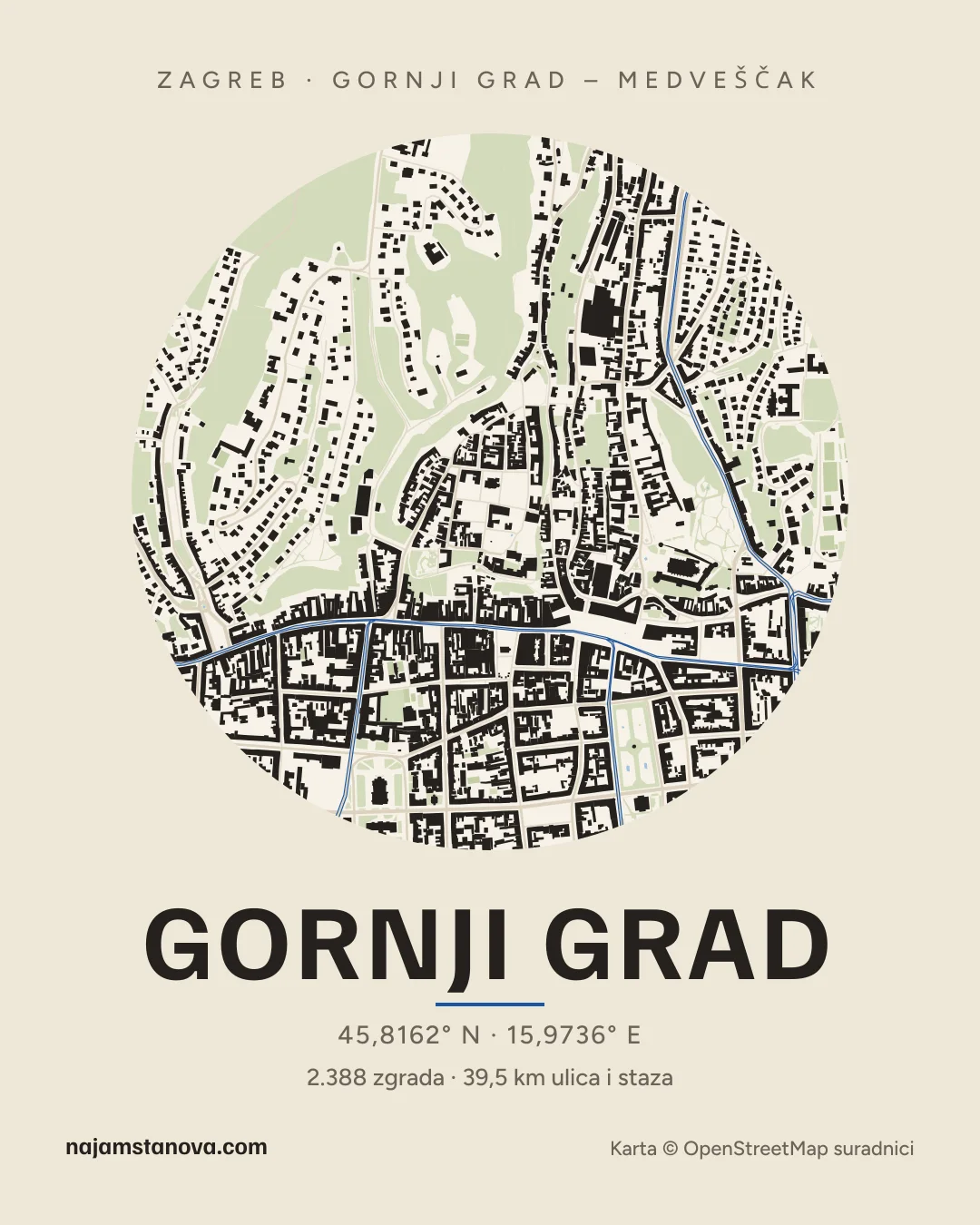 Karta kvarta Gornji grad u stilu „Papir”: zgrade, ulice, parkovi i vode u krugu od 900 m
