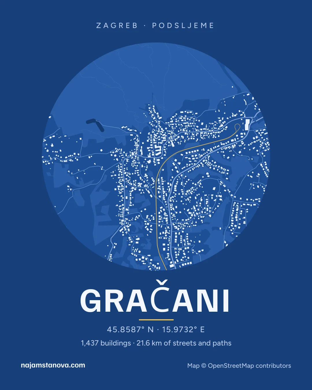 Map of Gračani in the “Blueprint” style: buildings, streets, parks and water within 900 m