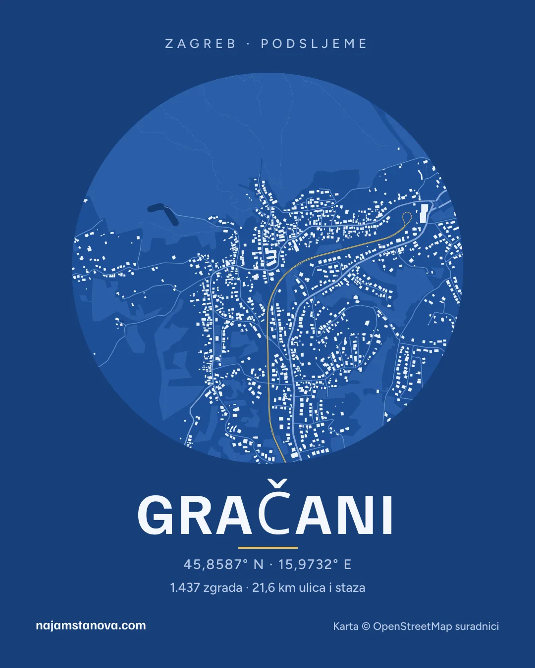 Karta kvarta Gračani u stilu „Nacrt”: zgrade, ulice, parkovi i vode u krugu od 900 m