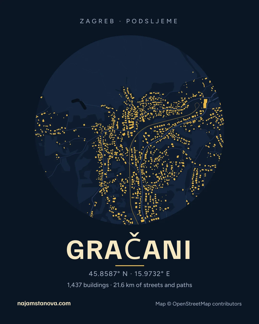 Map of Gračani in the “Night” style: buildings, streets, parks and water within 900 m