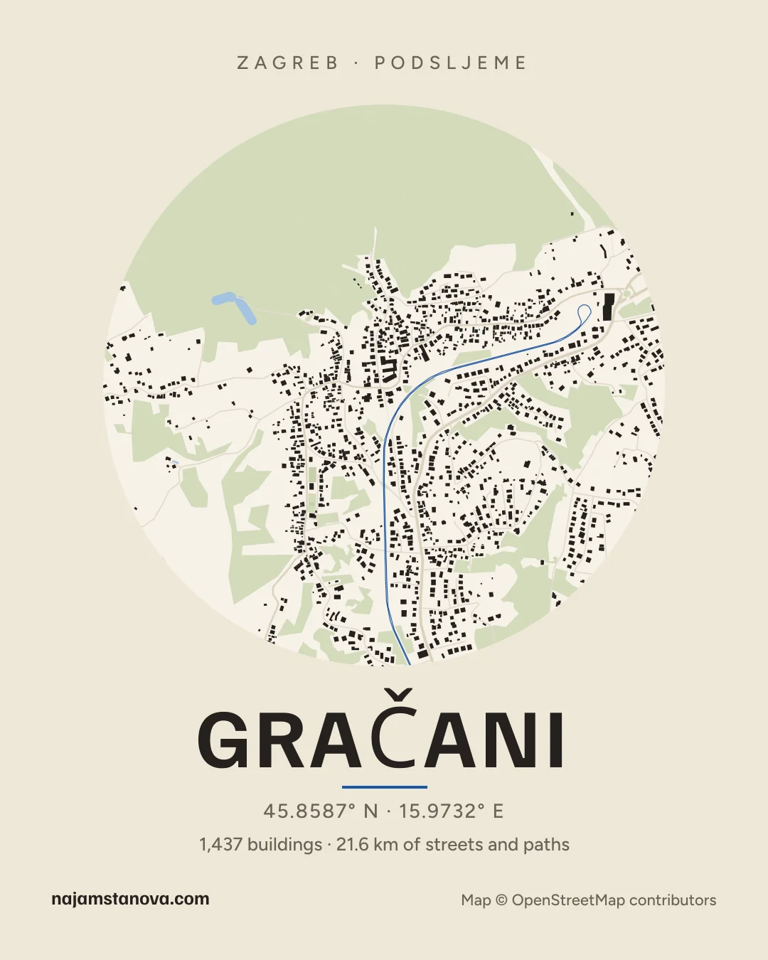 Map of Gračani in the “Paper” style: buildings, streets, parks and water within 900 m