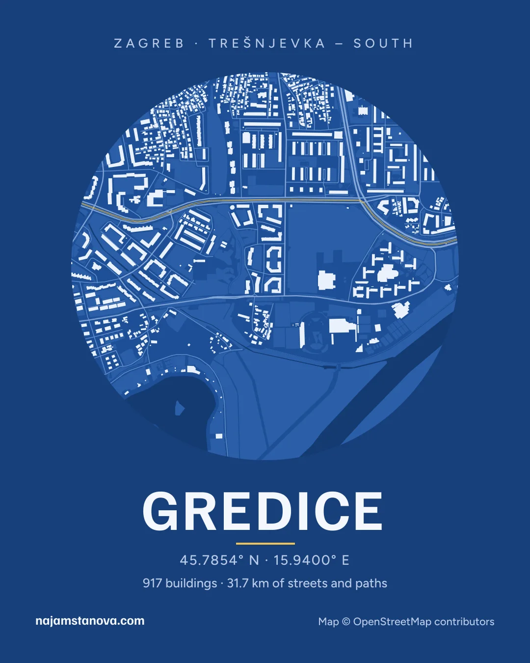 Map of Gredice in the “Blueprint” style: buildings, streets, parks and water within 900 m