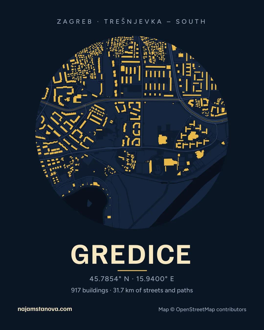 Map of Gredice in the “Night” style: buildings, streets, parks and water within 900 m