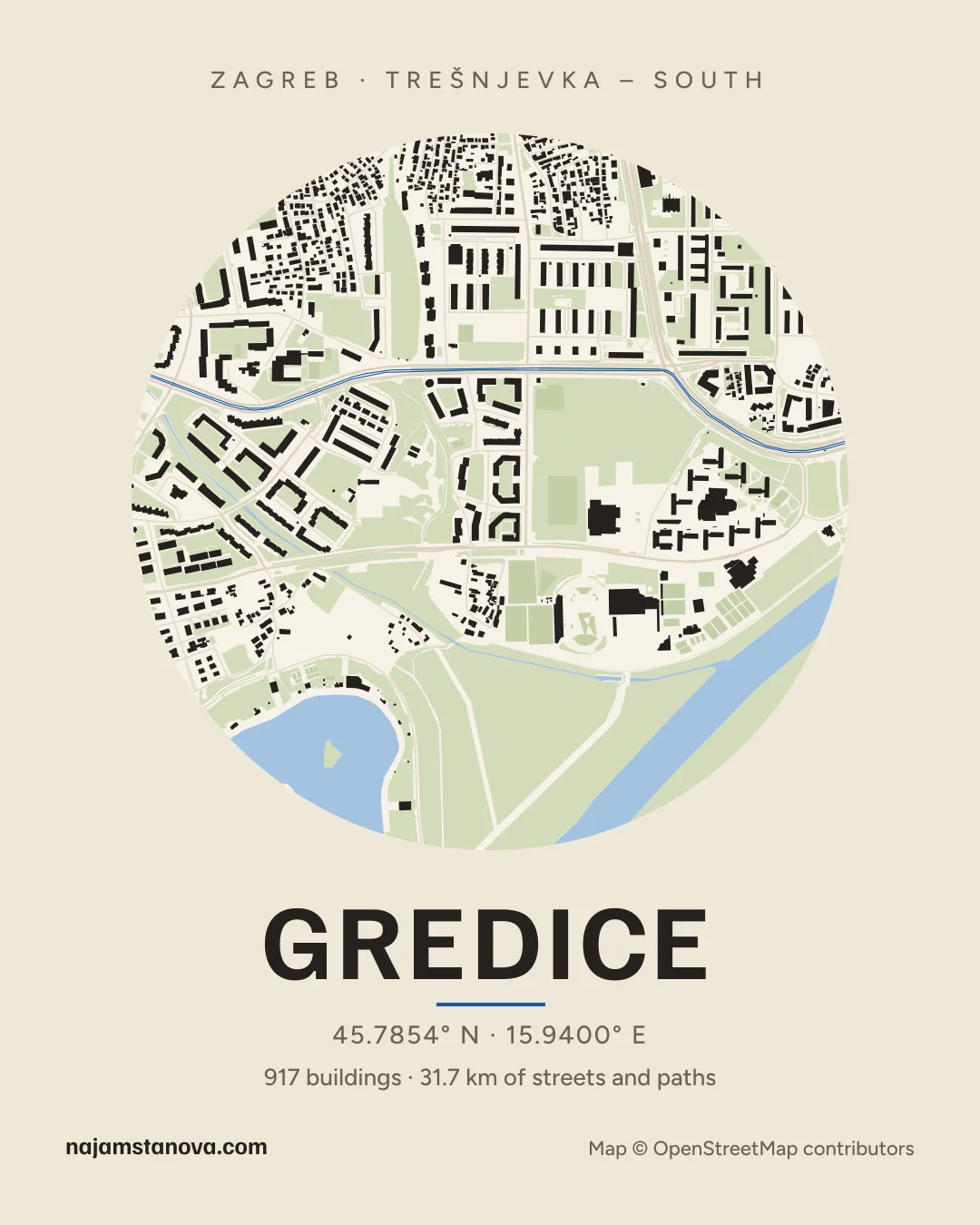 Map of Gredice in the “Paper” style: buildings, streets, parks and water within 900 m
