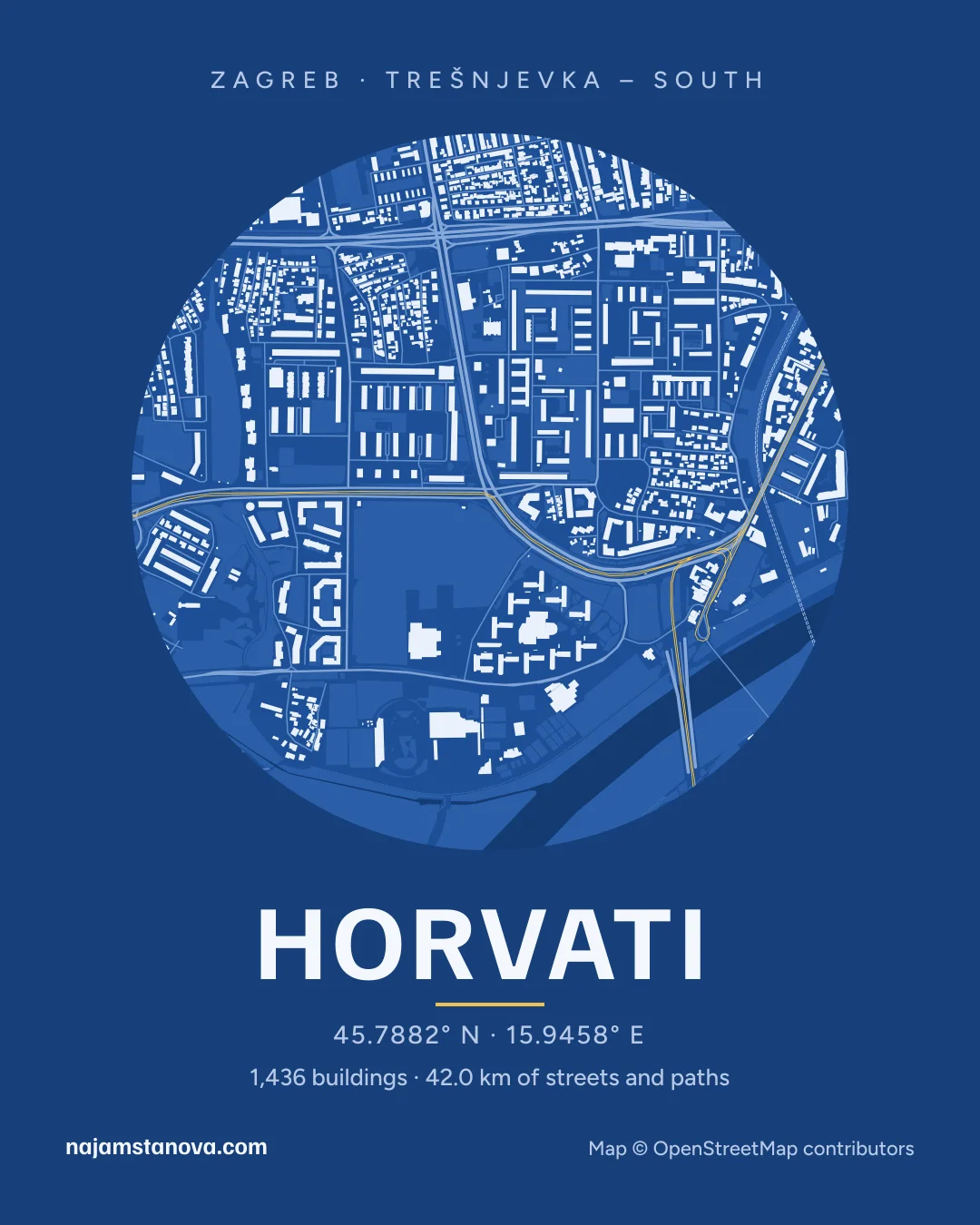 Map of Horvati in the “Blueprint” style: buildings, streets, parks and water within 900 m