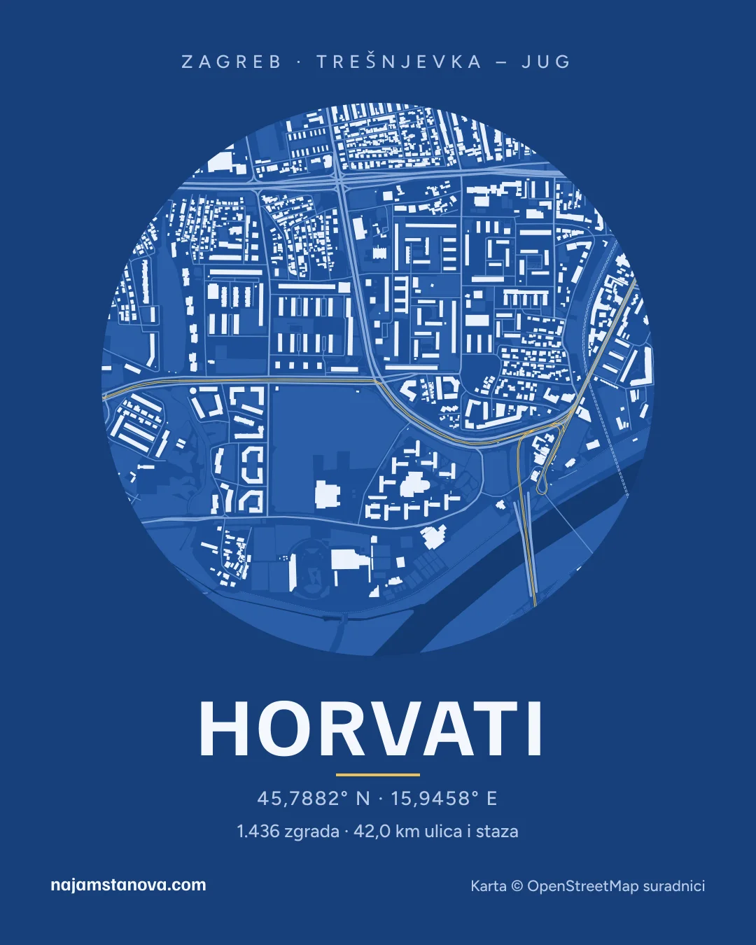 Karta kvarta Horvati u stilu „Nacrt”: zgrade, ulice, parkovi i vode u krugu od 900 m
