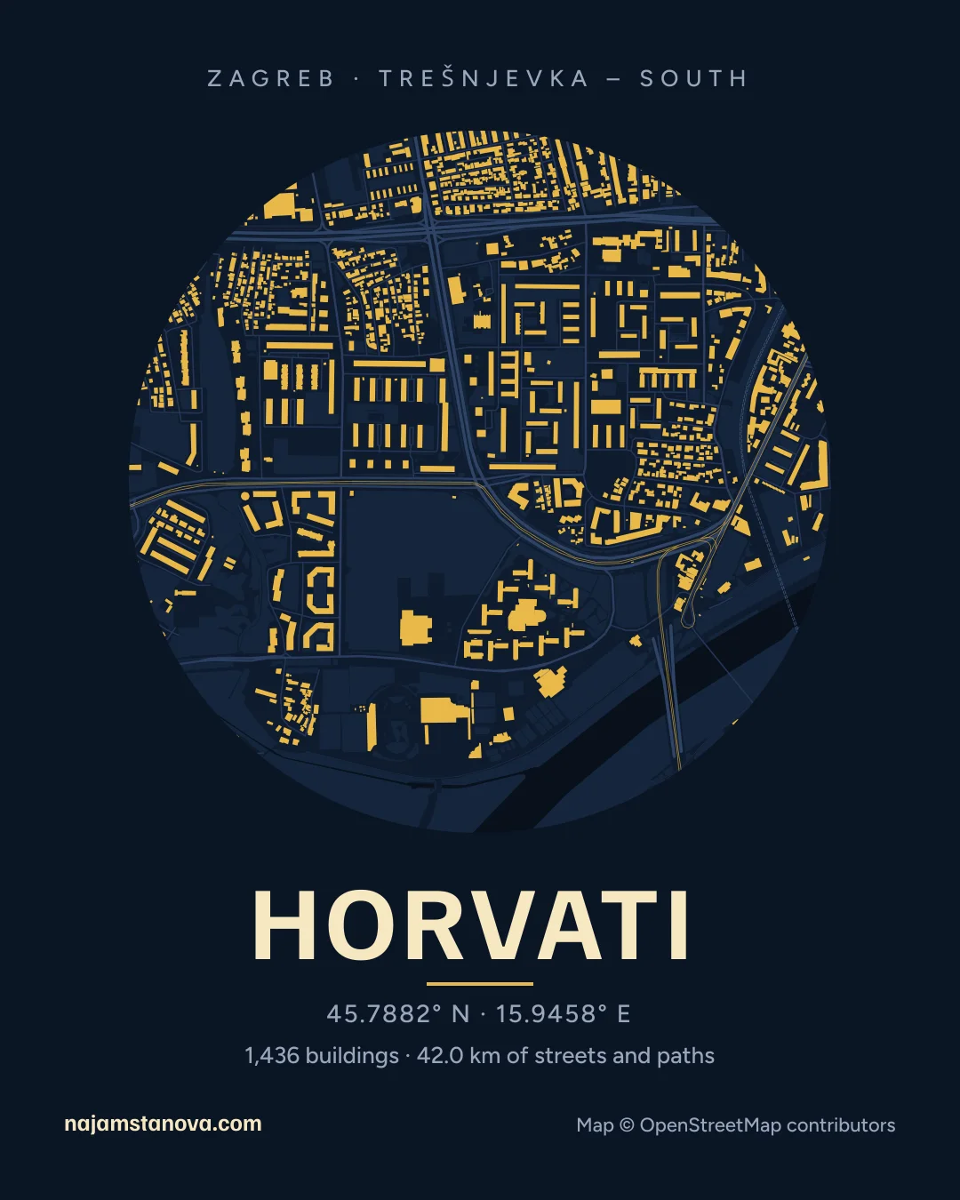 Map of Horvati in the “Night” style: buildings, streets, parks and water within 900 m