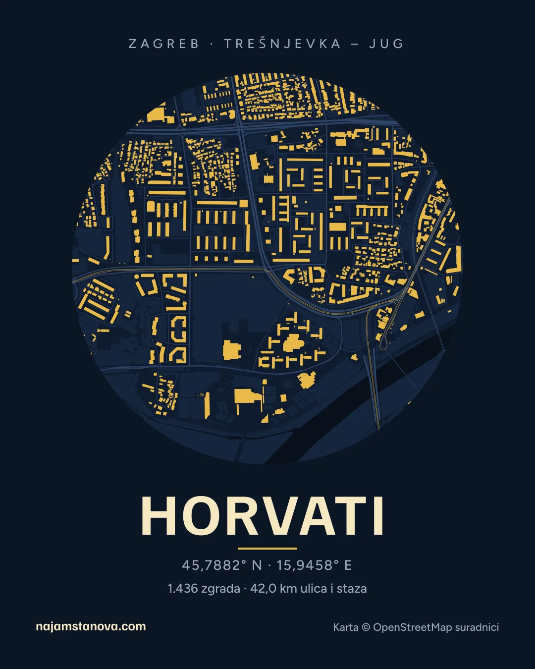 Karta kvarta Horvati u stilu „Noć”: zgrade, ulice, parkovi i vode u krugu od 900 m