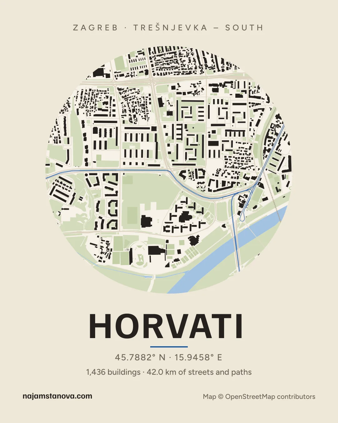 Map of Horvati in the “Paper” style: buildings, streets, parks and water within 900 m