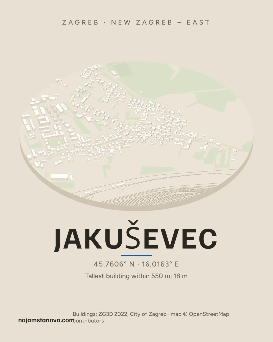 Map of Jakuševec in the “Drone” style: buildings, streets, parks and water within 900 m