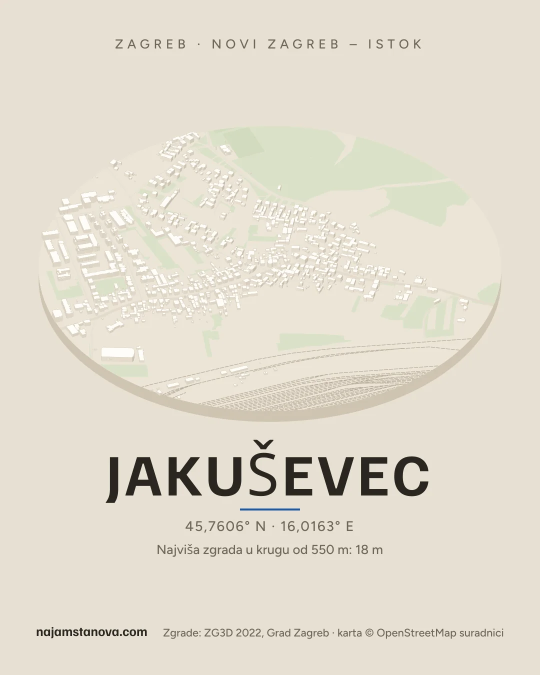 Karta kvarta Jakuševec u stilu „Dron”: zgrade, ulice, parkovi i vode u krugu od 900 m