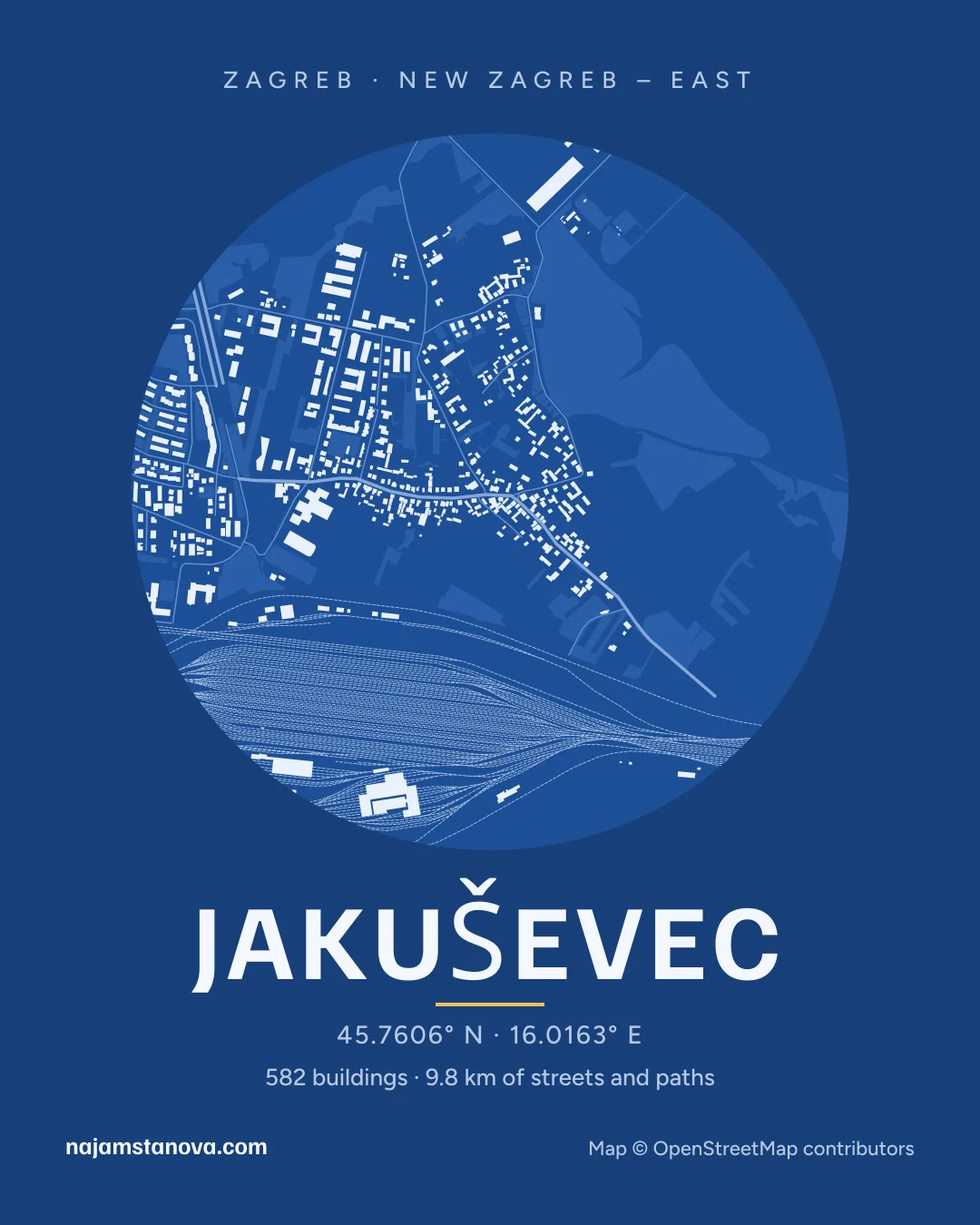 Map of Jakuševec in the “Blueprint” style: buildings, streets, parks and water within 900 m