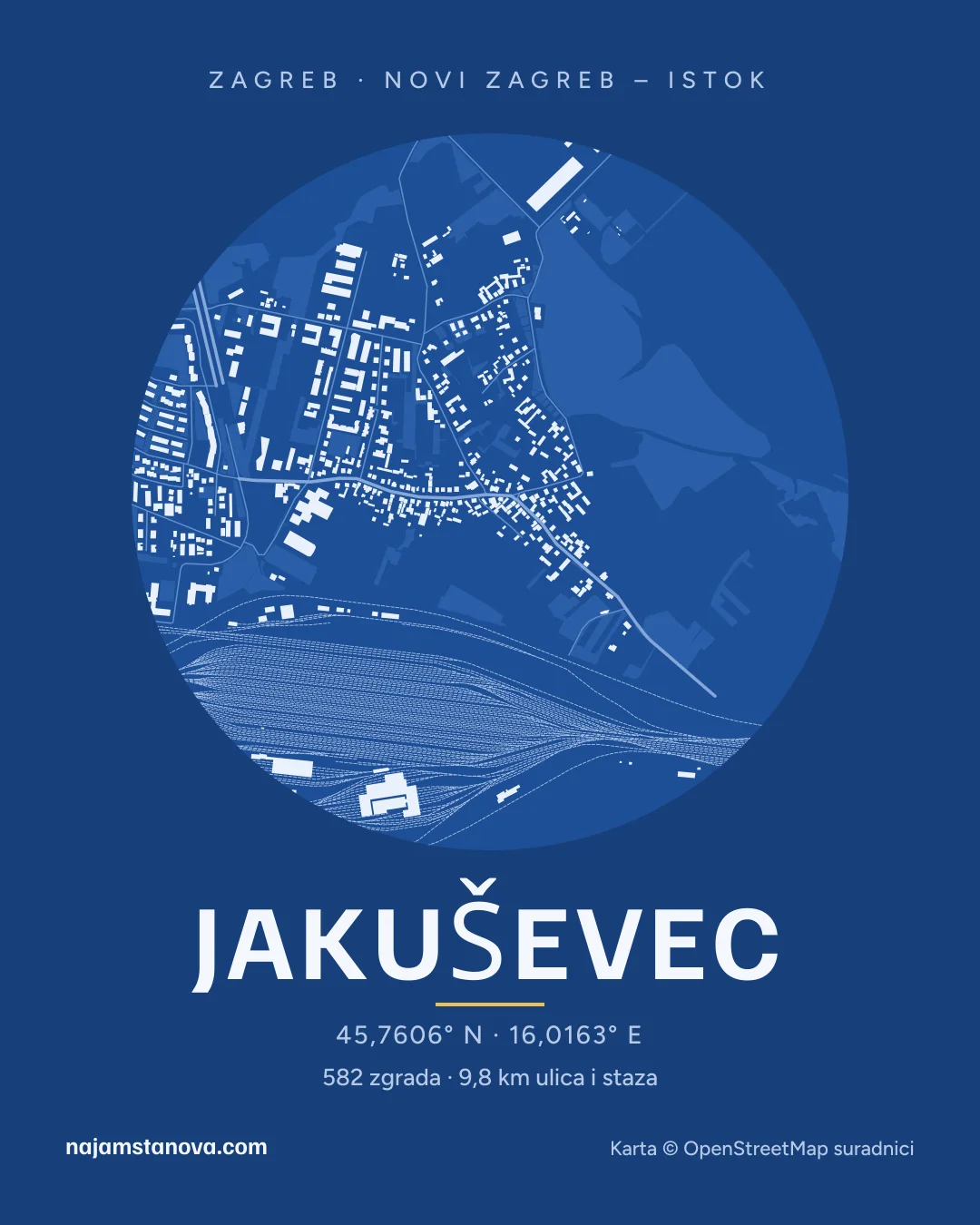 Karta kvarta Jakuševec u stilu „Nacrt”: zgrade, ulice, parkovi i vode u krugu od 900 m