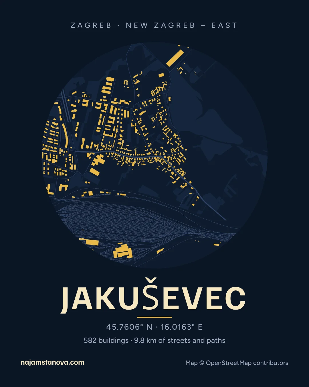 Map of Jakuševec in the “Night” style: buildings, streets, parks and water within 900 m