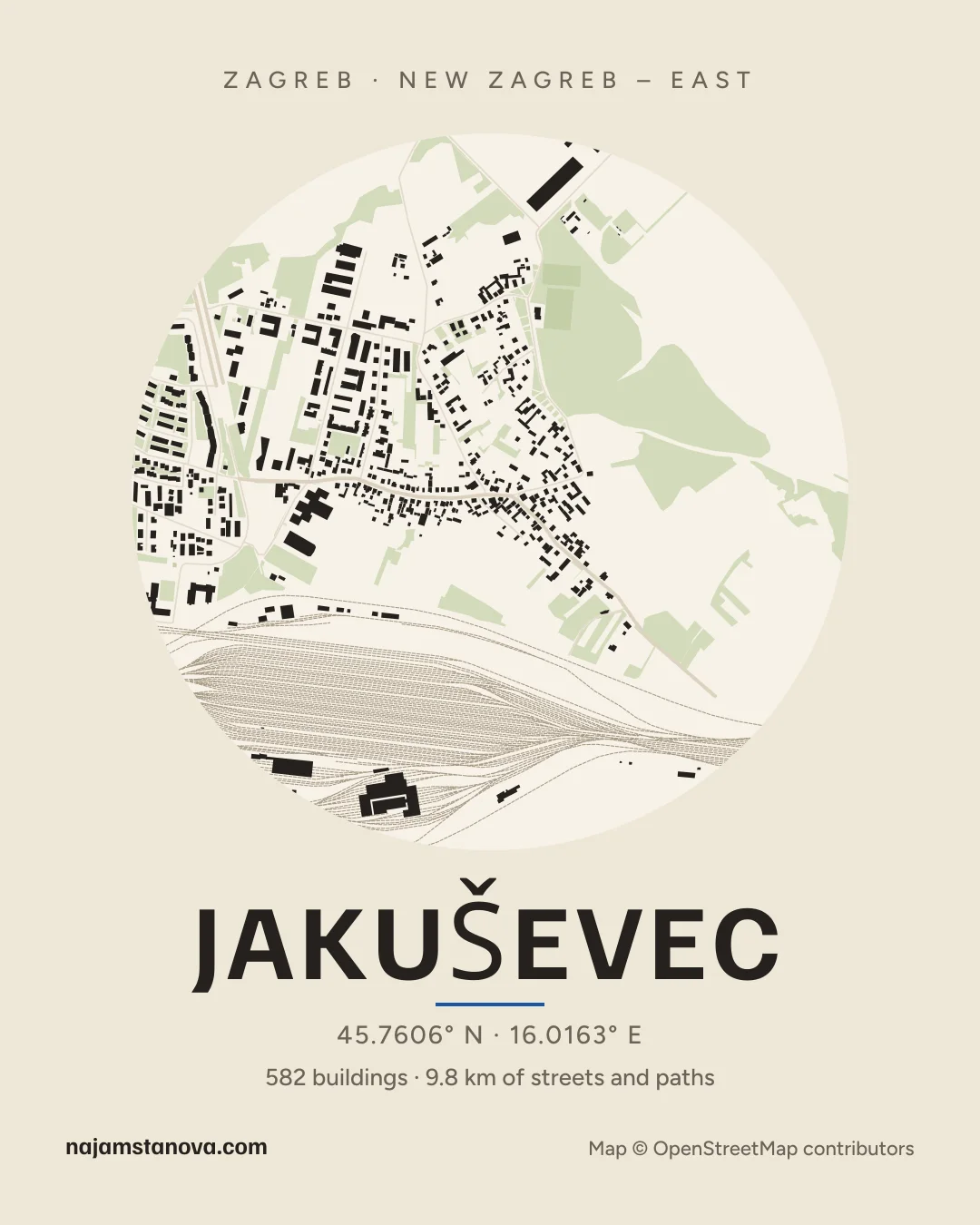 Map of Jakuševec in the “Paper” style: buildings, streets, parks and water within 900 m