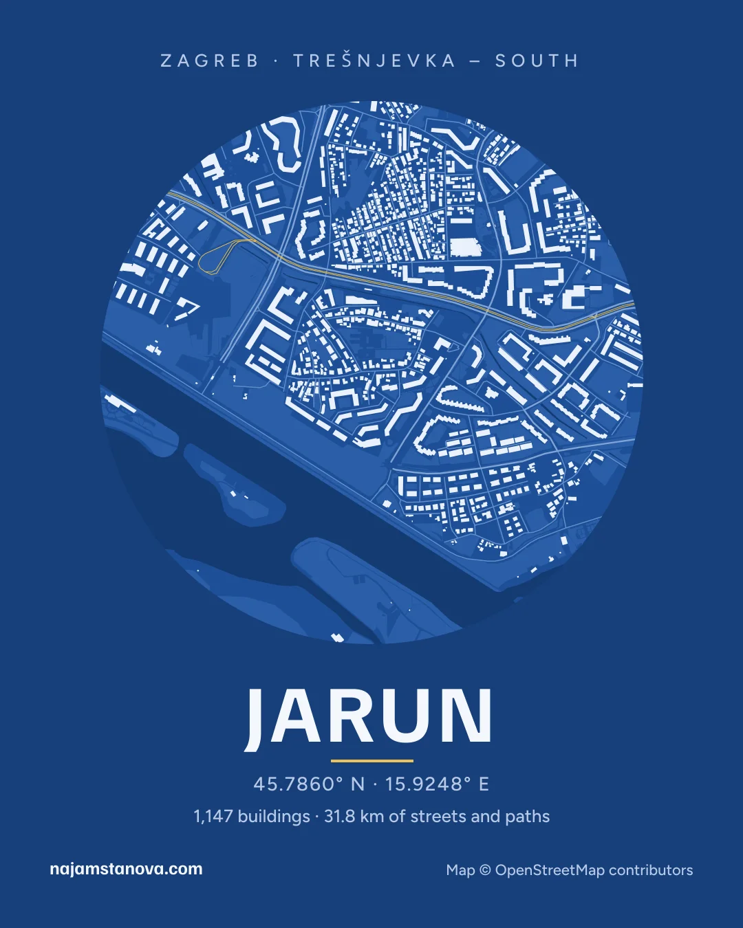 Map of Jarun in the “Blueprint” style: buildings, streets, parks and water within 900 m