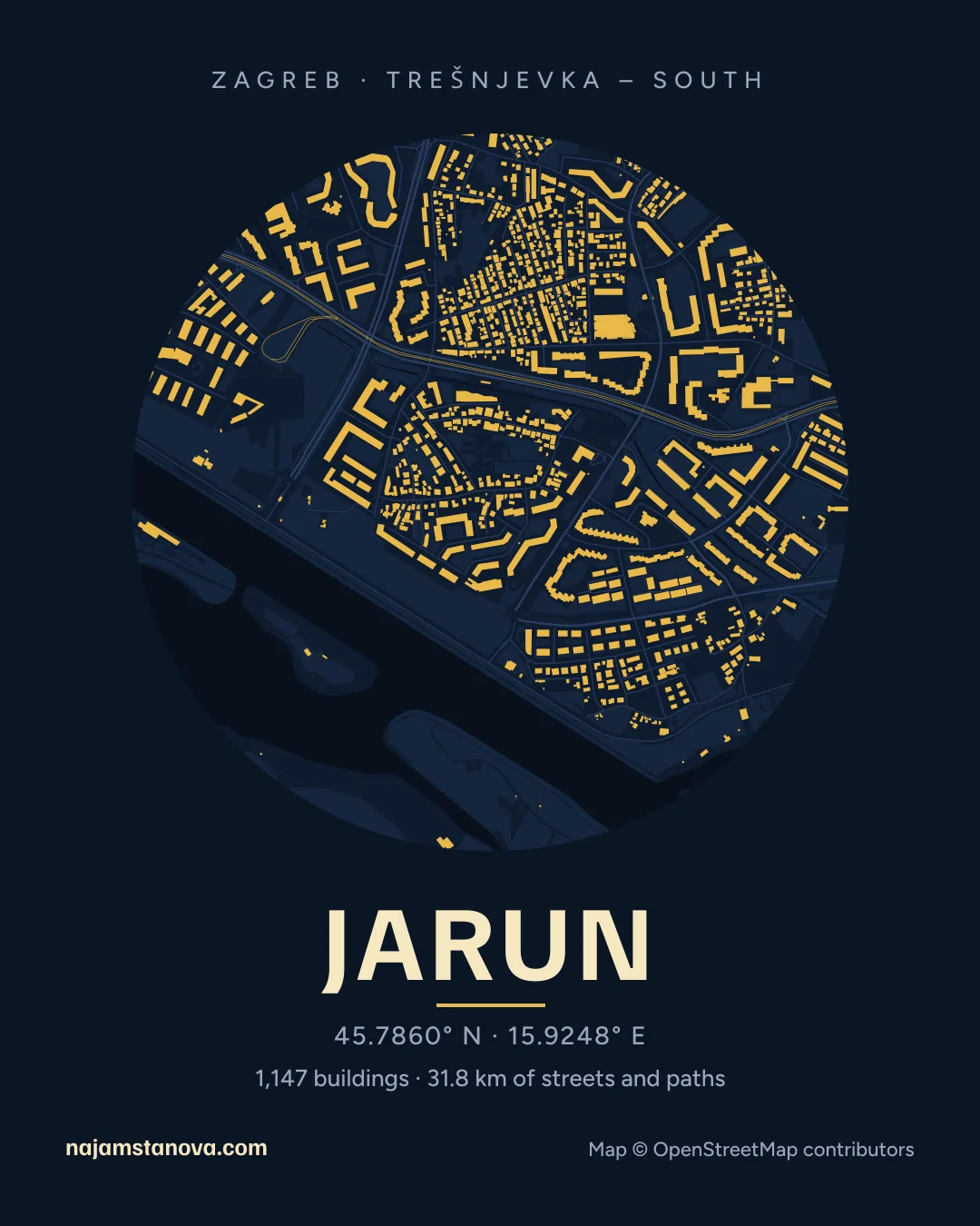 Map of Jarun in the “Night” style: buildings, streets, parks and water within 900 m