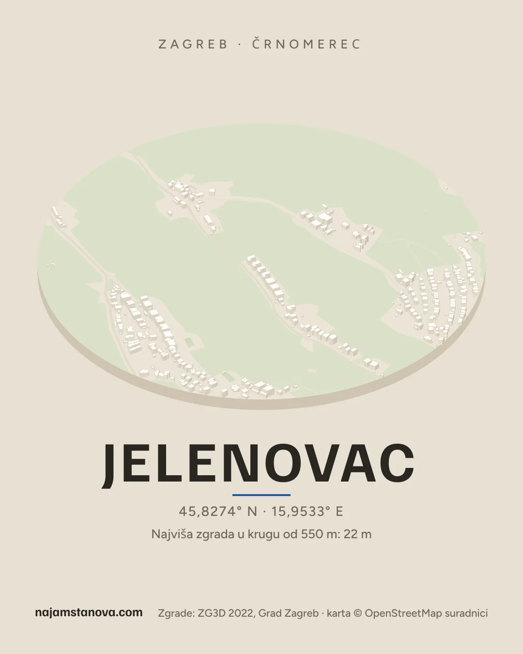 Karta kvarta Jelenovac u stilu „Dron”: zgrade, ulice, parkovi i vode u krugu od 900 m