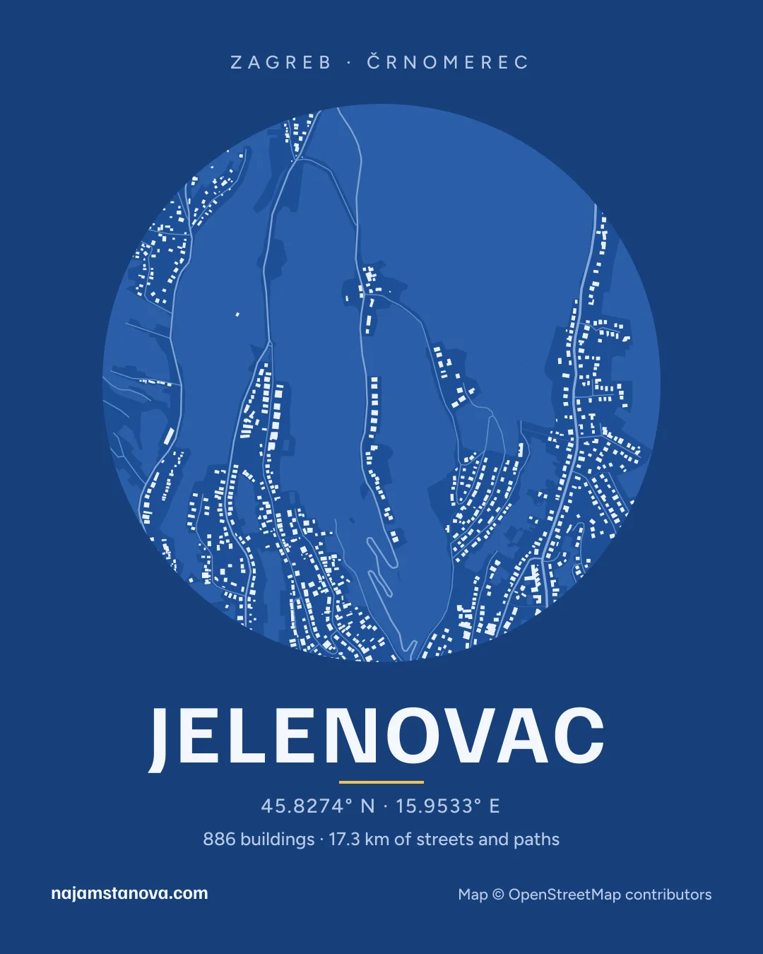 Map of Jelenovac in the “Blueprint” style: buildings, streets, parks and water within 900 m