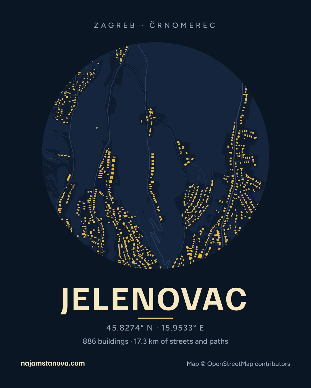 Map of Jelenovac in the “Night” style: buildings, streets, parks and water within 900 m