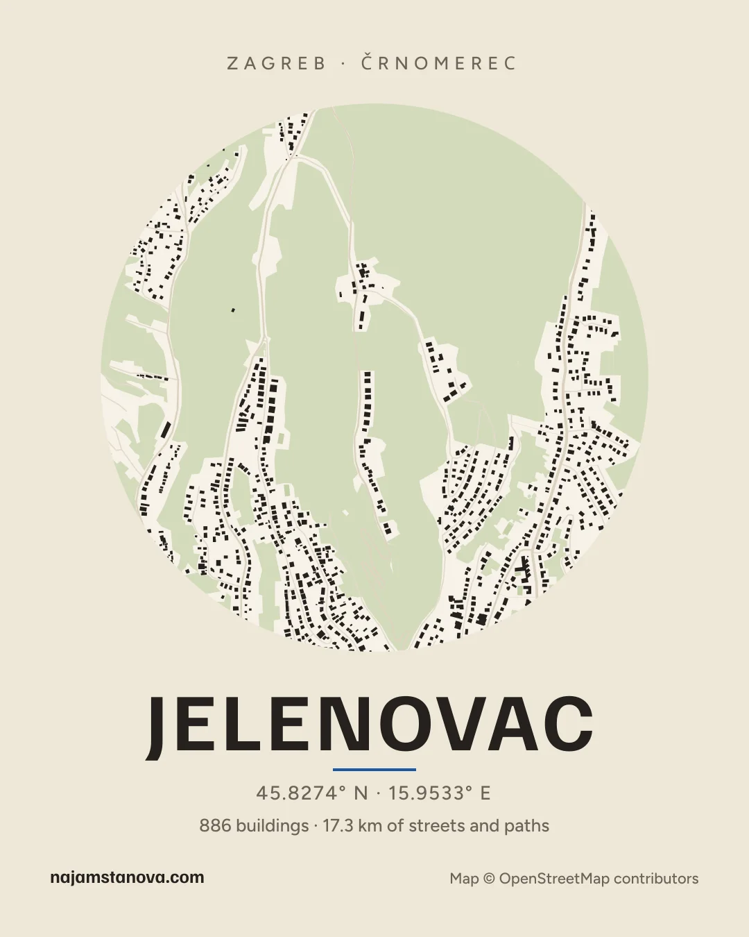 Map of Jelenovac in the “Paper” style: buildings, streets, parks and water within 900 m