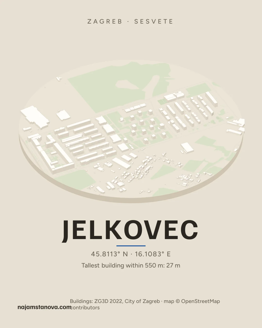 Map of Jelkovec in the “Drone” style: buildings, streets, parks and water within 900 m
