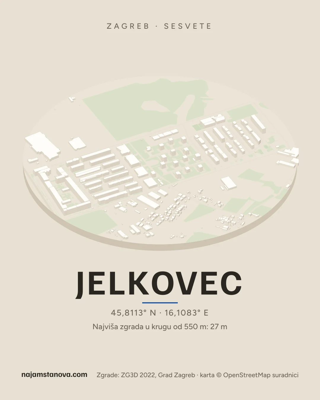 Karta kvarta Jelkovec u stilu „Dron”: zgrade, ulice, parkovi i vode u krugu od 900 m