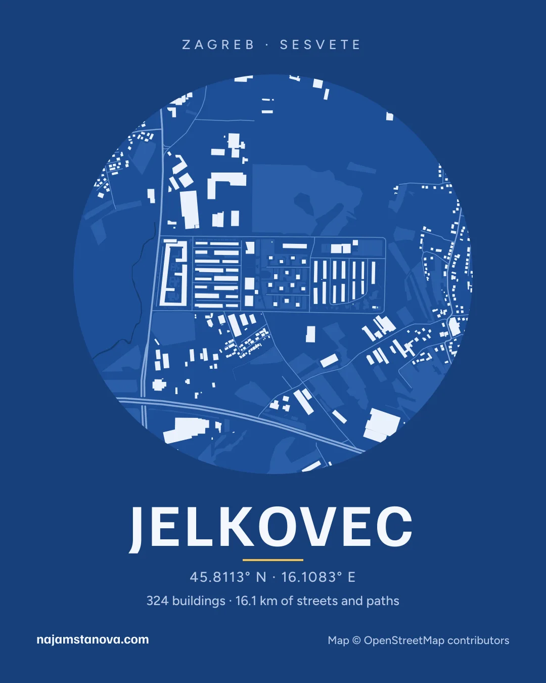 Map of Jelkovec in the “Blueprint” style: buildings, streets, parks and water within 900 m