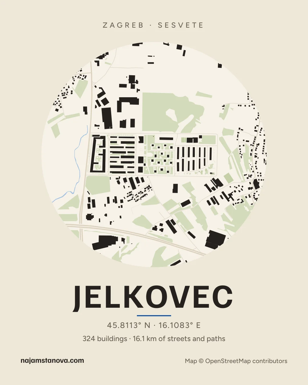 Map of Jelkovec in the “Paper” style: buildings, streets, parks and water within 900 m