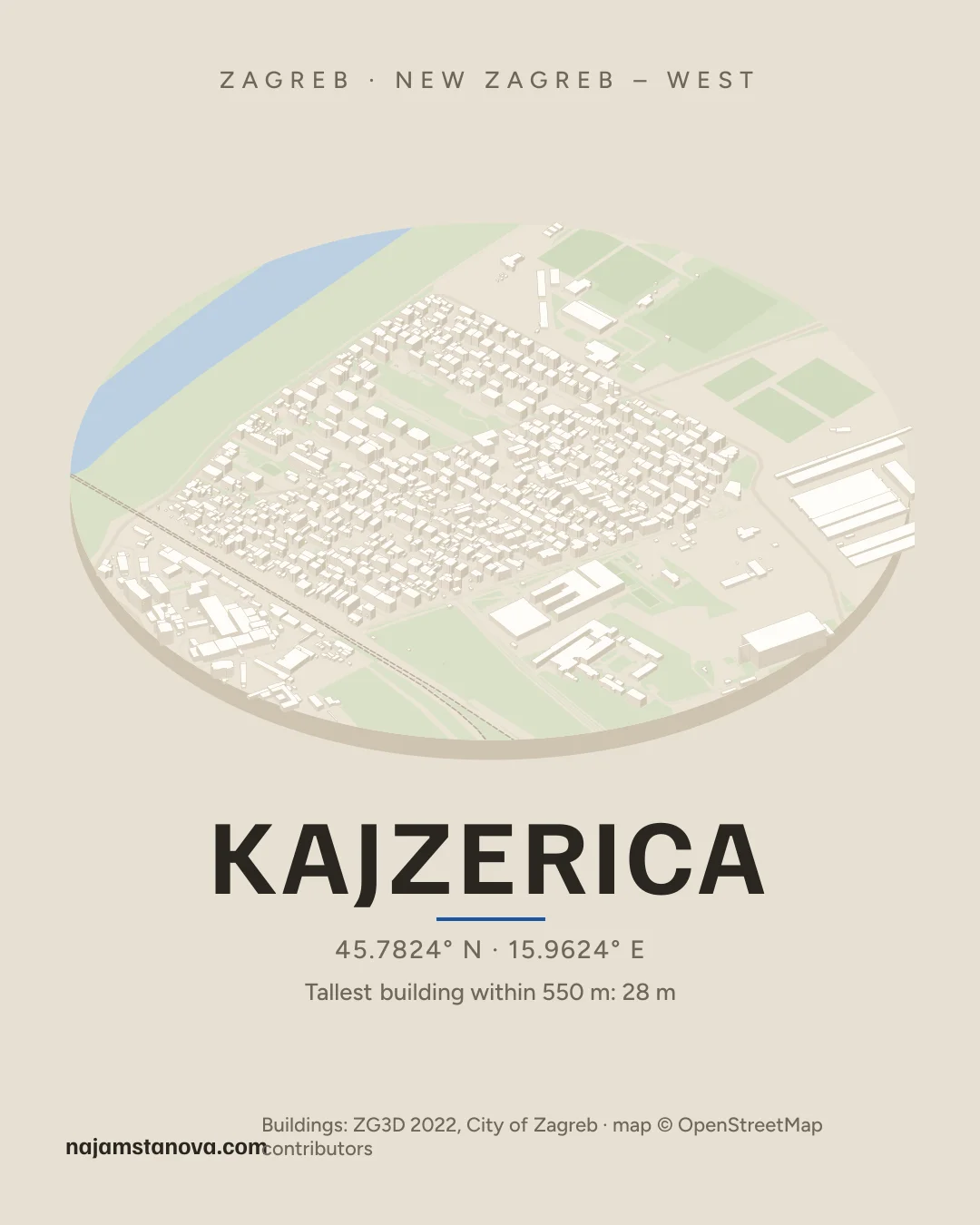 Map of Kajzerica in the “Drone” style: buildings, streets, parks and water within 900 m