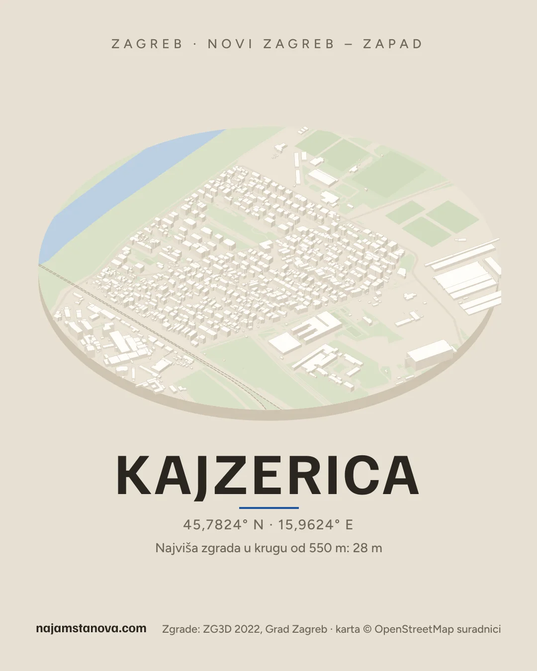 Karta kvarta Kajzerica u stilu „Dron”: zgrade, ulice, parkovi i vode u krugu od 900 m