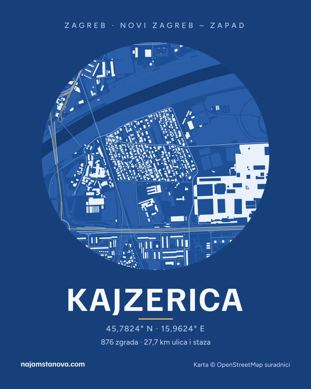 Karta kvarta Kajzerica u stilu „Nacrt”: zgrade, ulice, parkovi i vode u krugu od 900 m