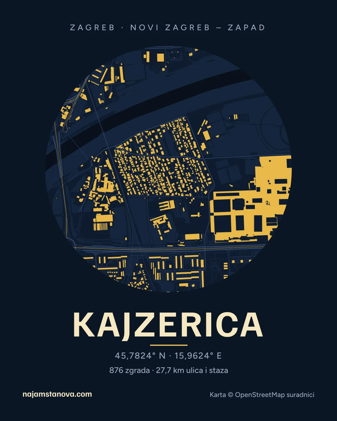 Karta kvarta Kajzerica u stilu „Noć”: zgrade, ulice, parkovi i vode u krugu od 900 m