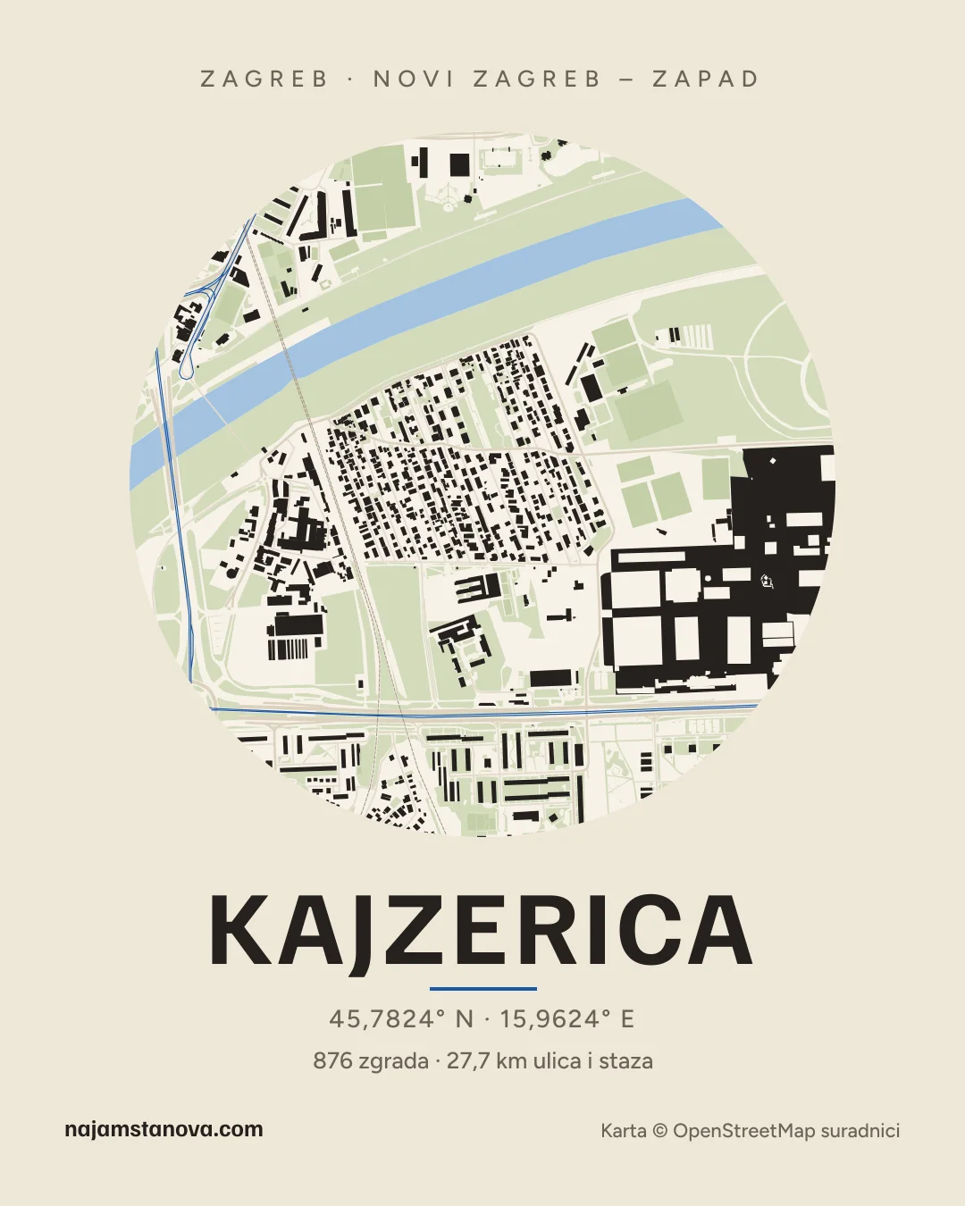 Karta kvarta Kajzerica u stilu „Papir”: zgrade, ulice, parkovi i vode u krugu od 900 m