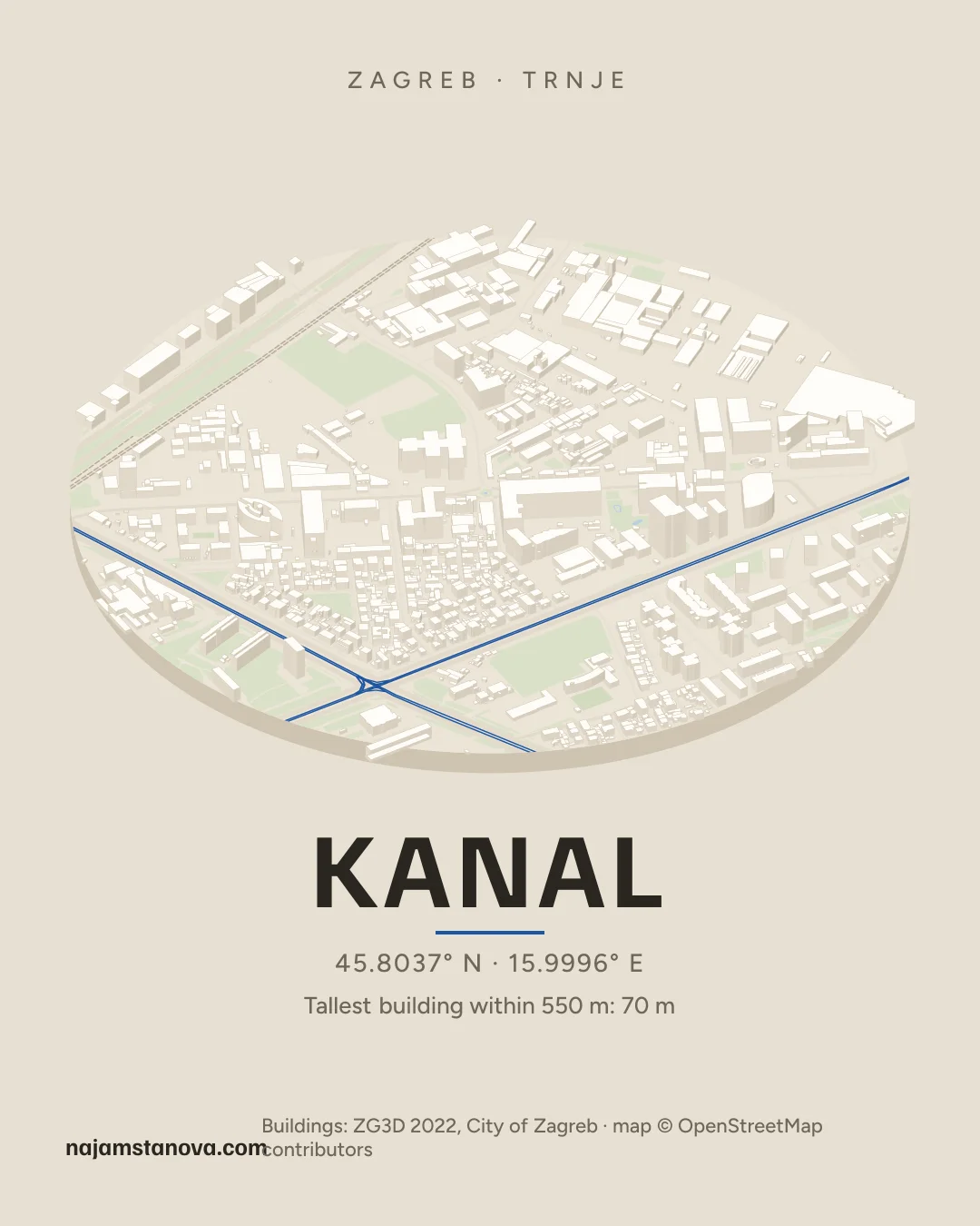 Map of Kanal in the “Drone” style: buildings, streets, parks and water within 900 m