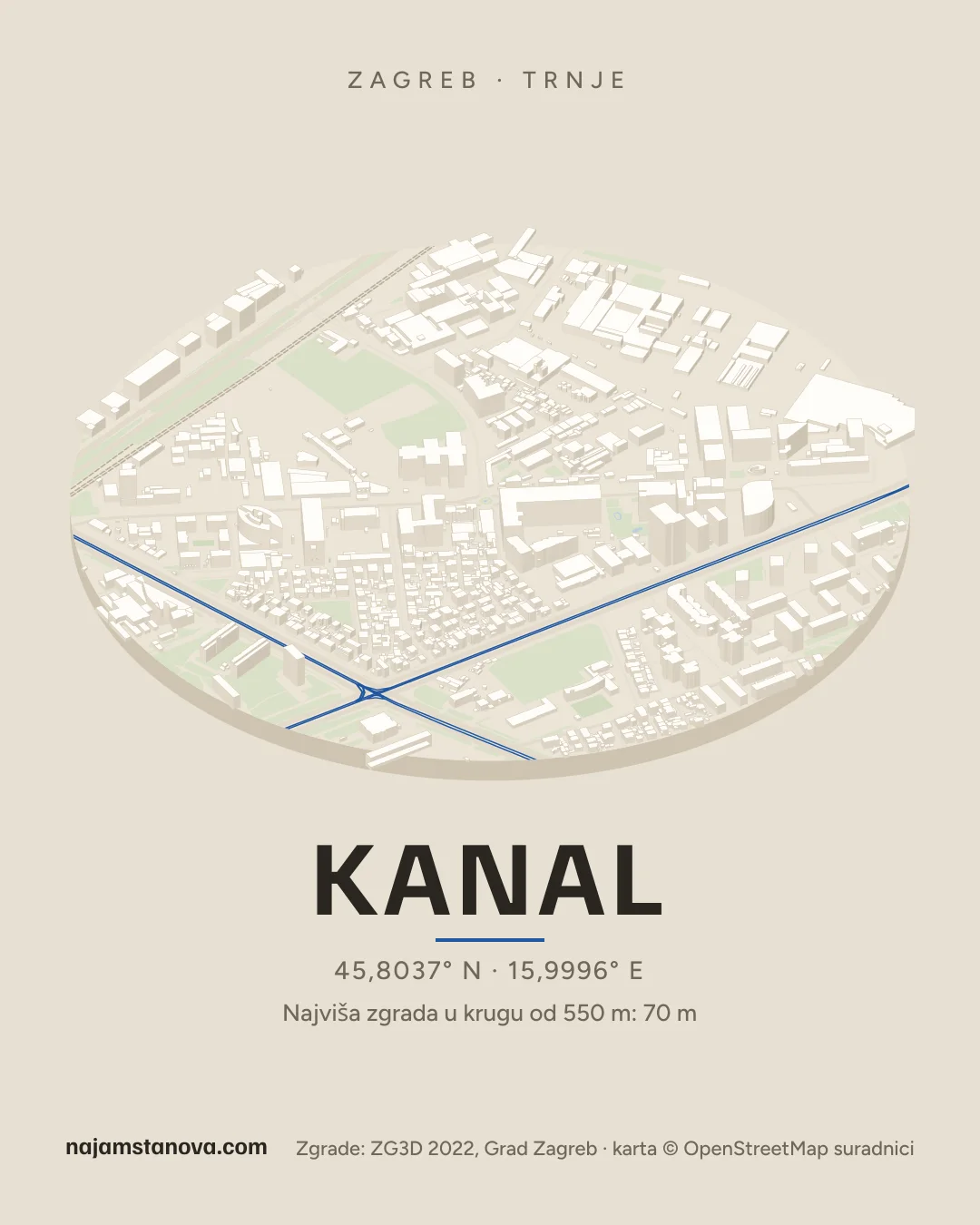 Karta kvarta Kanal u stilu „Dron”: zgrade, ulice, parkovi i vode u krugu od 900 m