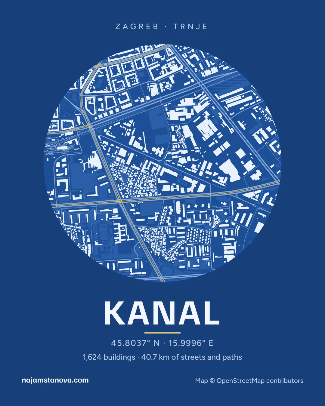 Map of Kanal in the “Blueprint” style: buildings, streets, parks and water within 900 m