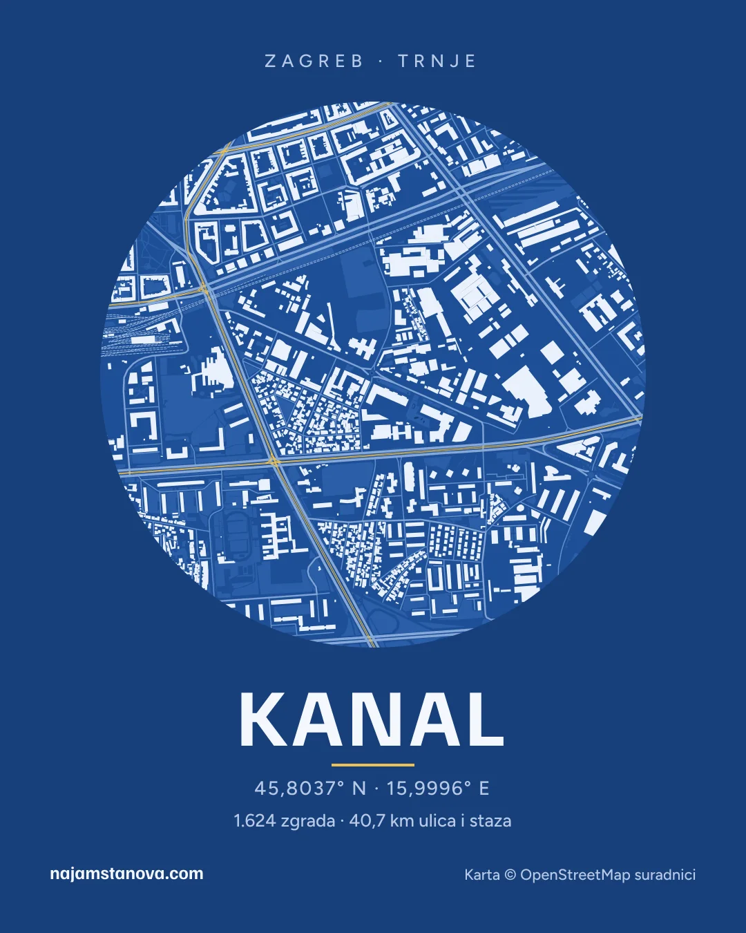 Karta kvarta Kanal u stilu „Nacrt”: zgrade, ulice, parkovi i vode u krugu od 900 m