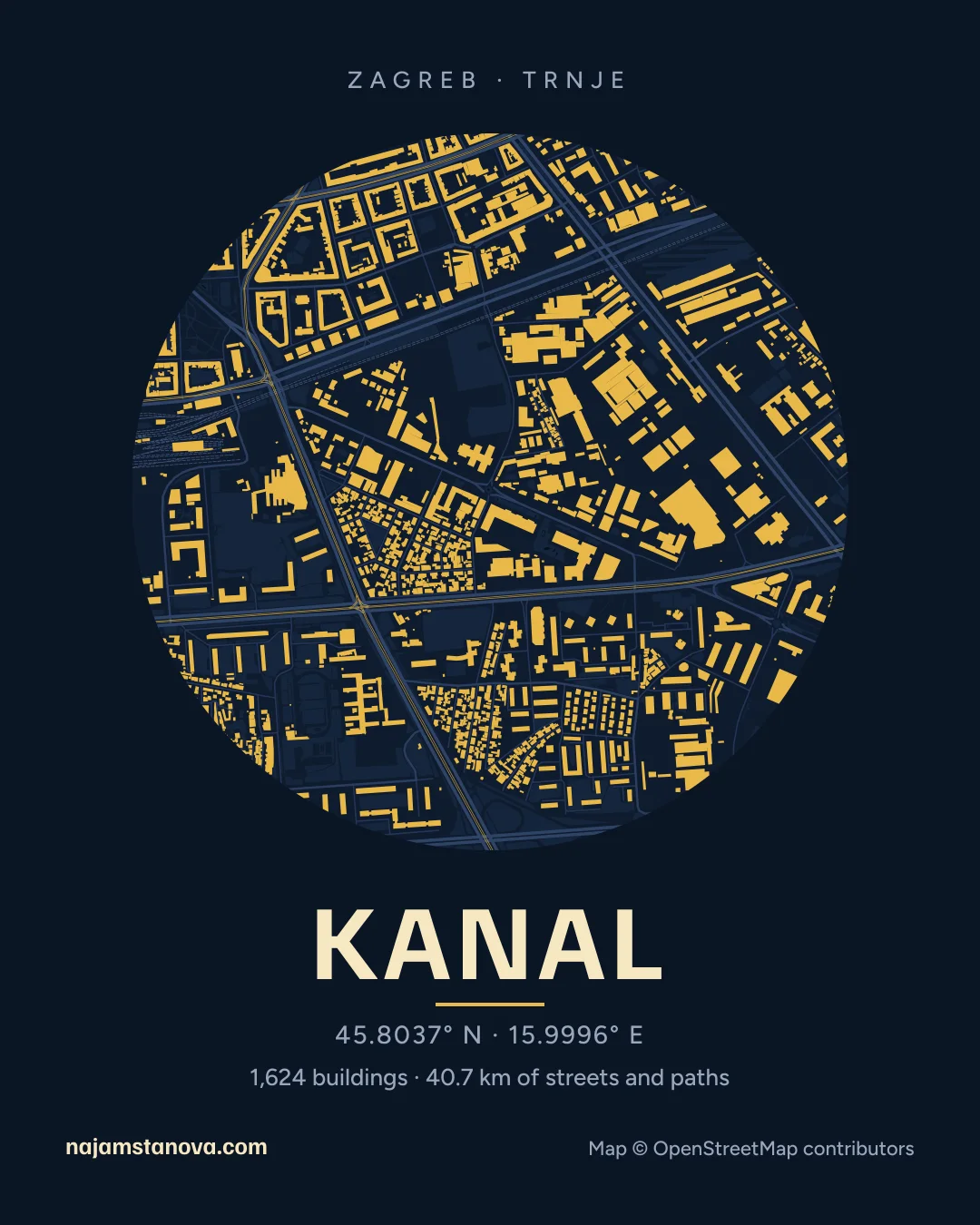 Map of Kanal in the “Night” style: buildings, streets, parks and water within 900 m
